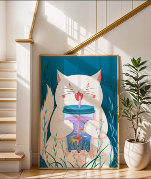Playful cat with a fish tank tumbler in the underwater scene illustration