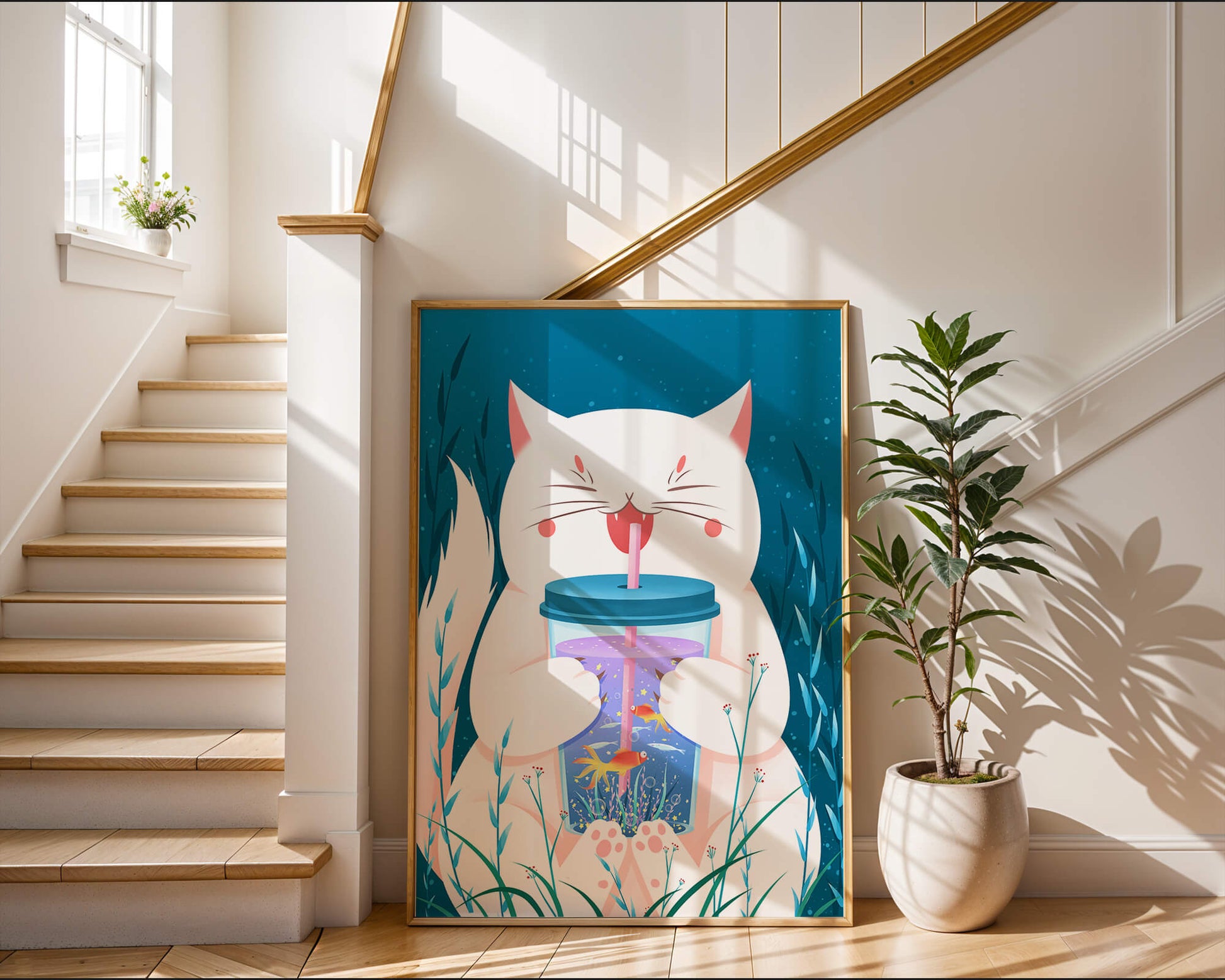 Playful cat with a fish tank tumbler in the underwater scene illustration