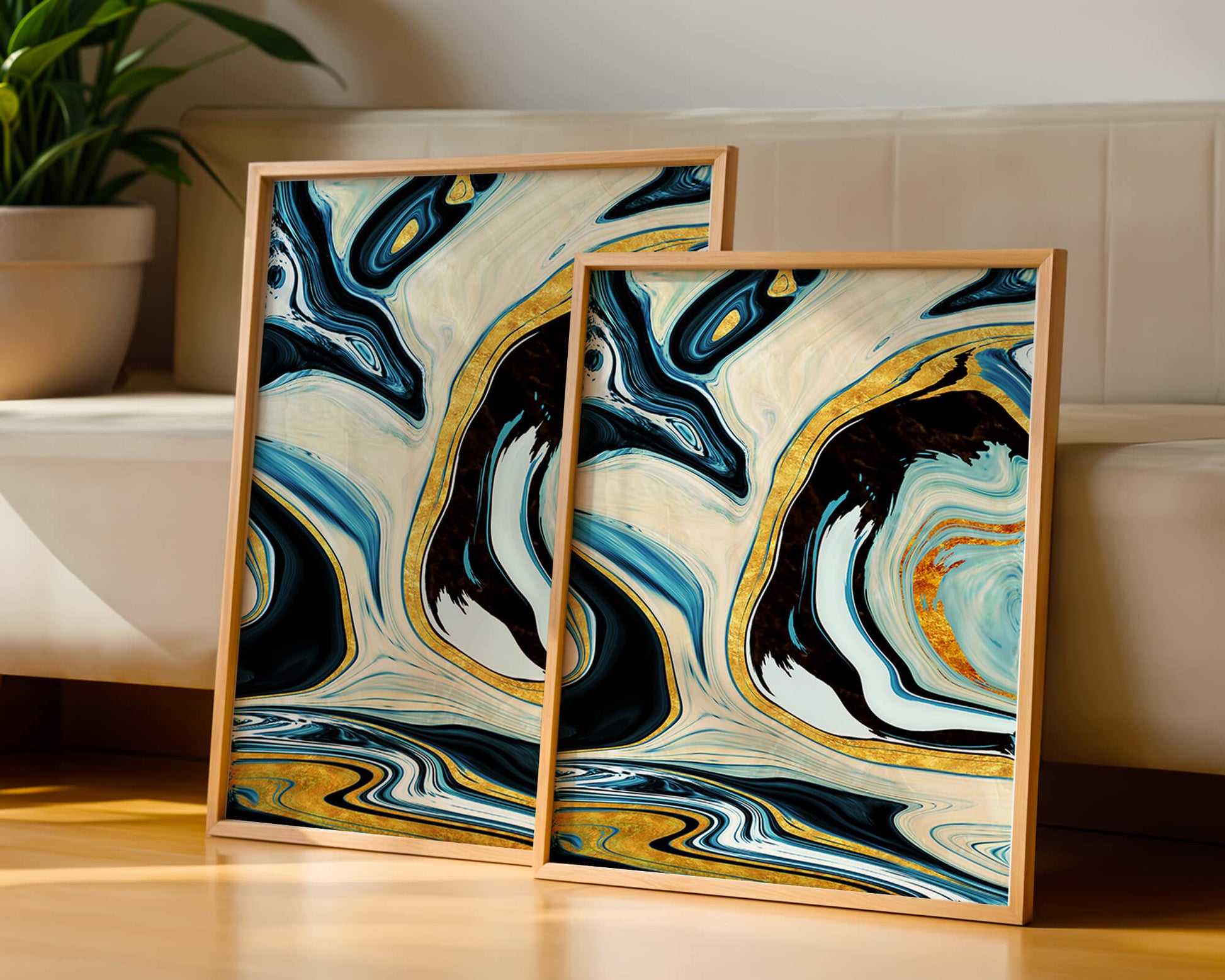 Abstract Marble Art with Gold Accents in Blue and Black Swirls