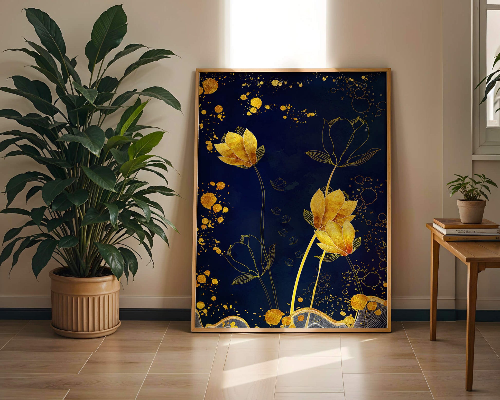 Diseño floral elegante con flores doradas sobre fondo azul marino