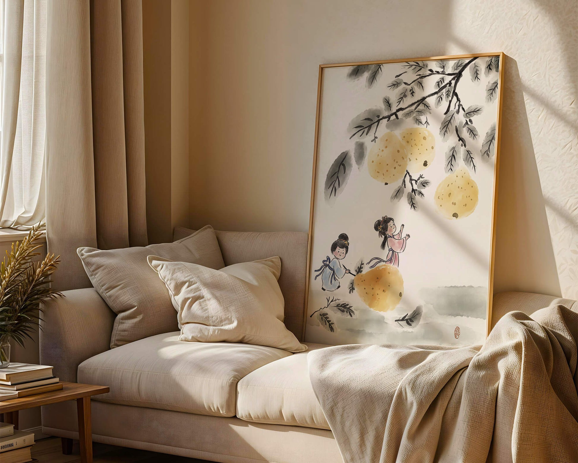 Ilustración encantadora de niños en vestimenta tradicional recolectando peras