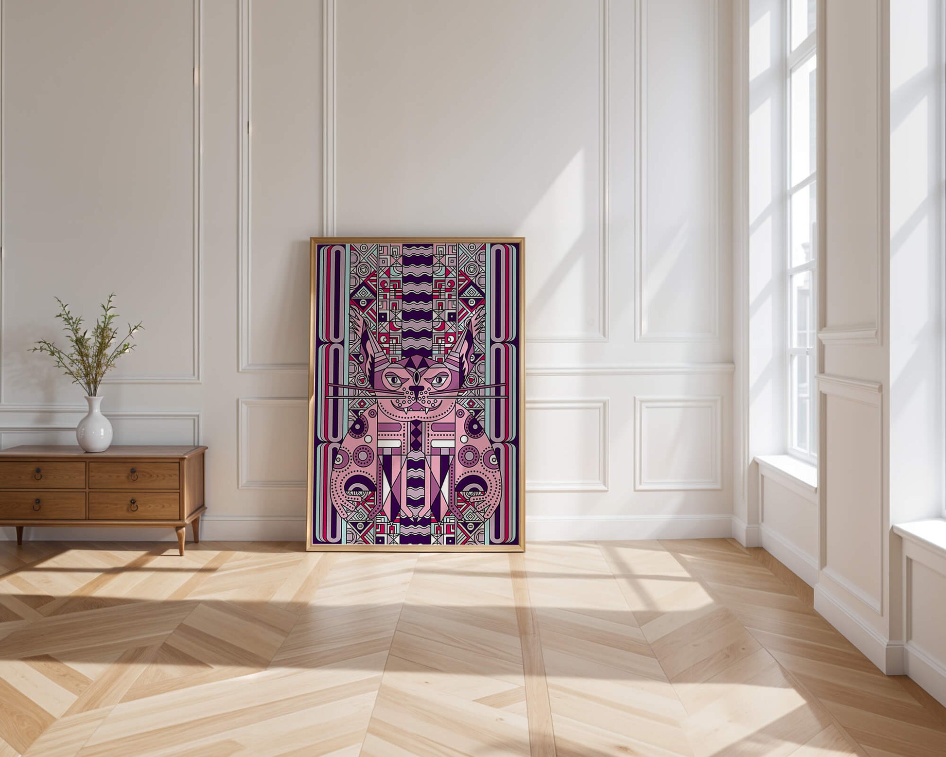 Geometric Art Deco Cat with Intricate Patterns