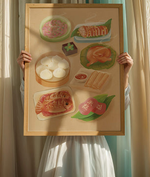 Colorful Representation of Asian Cuisine with Various Dishes