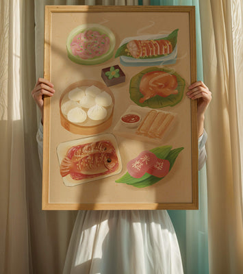 Colorful Representation of Asian Cuisine with Various Dishes