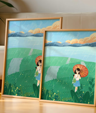Girl with Umbrella in Rainy Meadow
