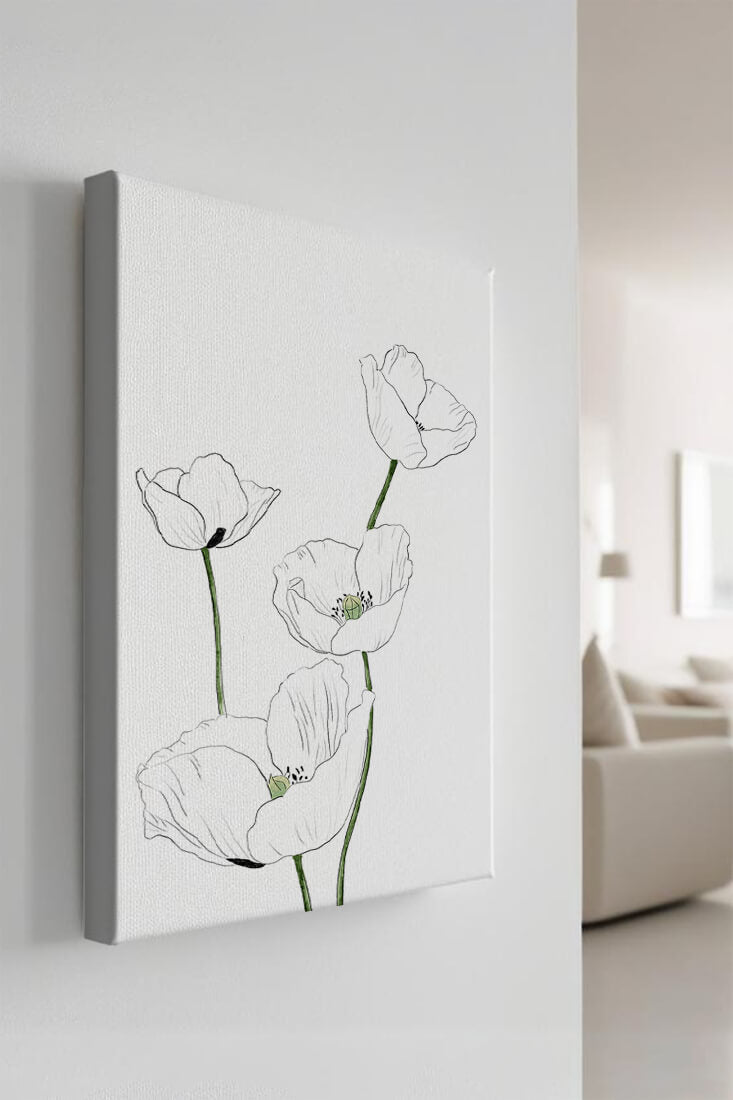 Zarte florale Linienzeichnung mit weißen Mohnblumen auf sauberem Hintergrund