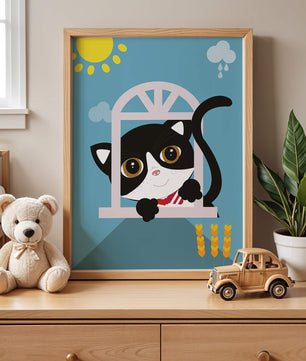 Charming black and white cat peeking through window under bright sun