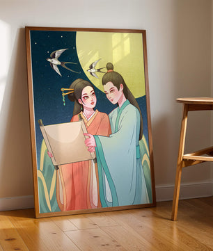 Elegant illustration of traditional attire with scroll and swallows under a full moon