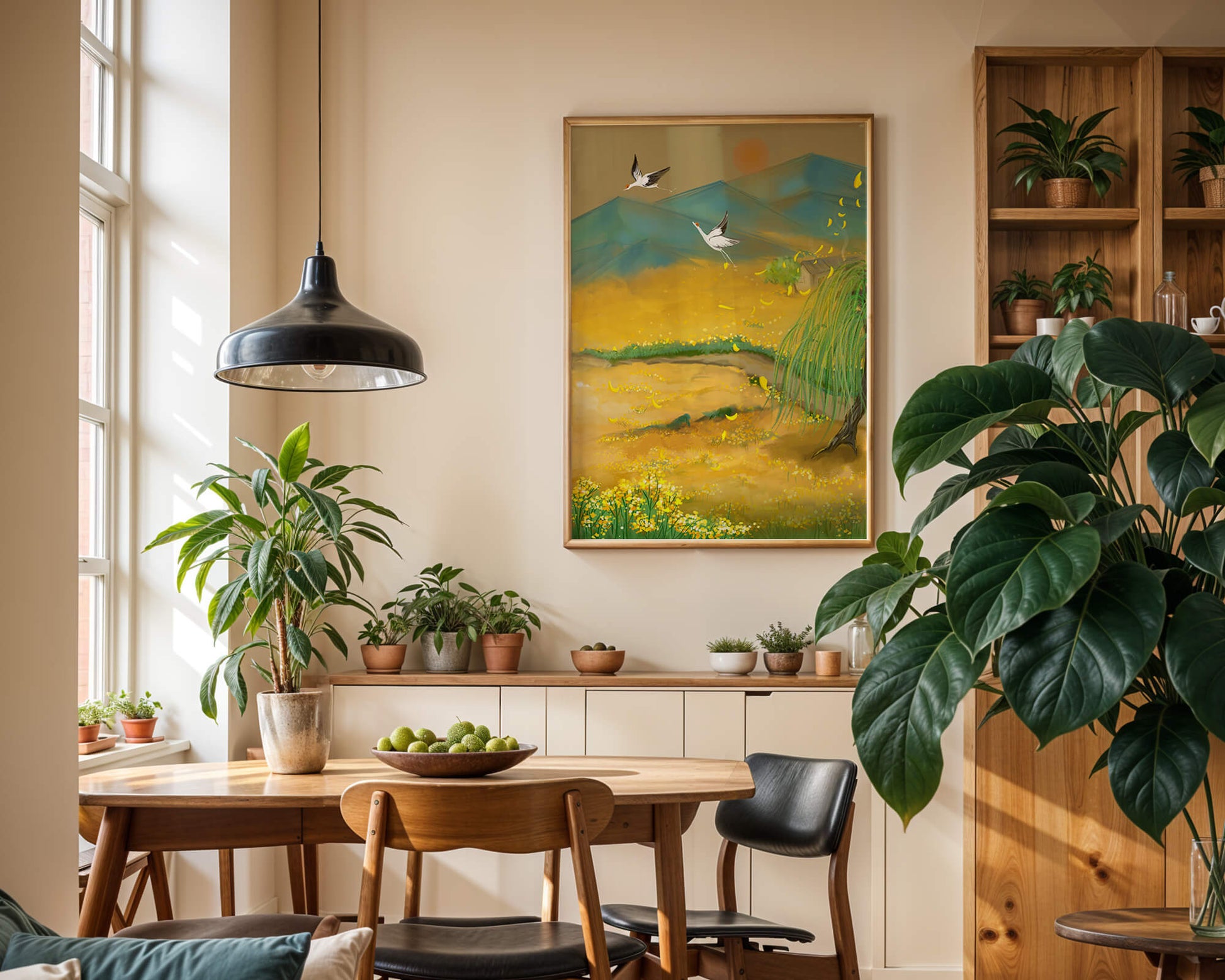 Ruhige Landschaft mit fliegenden Kranichen und goldenen Blüten