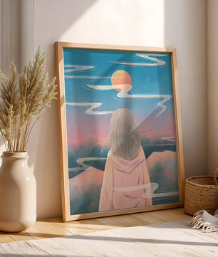 Ruhige Landschaft mit Silhouette, die den Sonnenuntergangshimmel und die Wolken betrachtet