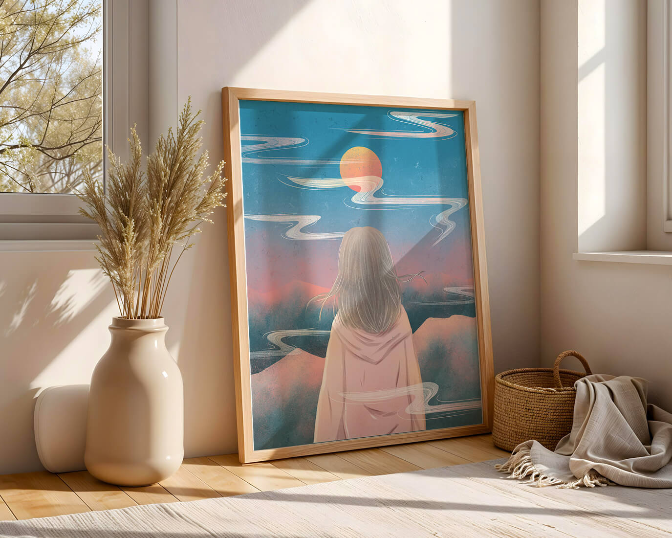 Ruhige Landschaft mit Silhouette, die den Sonnenuntergangshimmel und die Wolken betrachtet