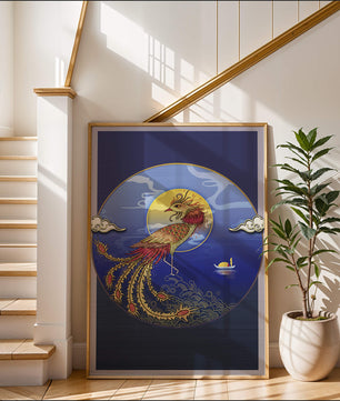 Phénix doré aux plumes éclatantes dans un décor marin mystique