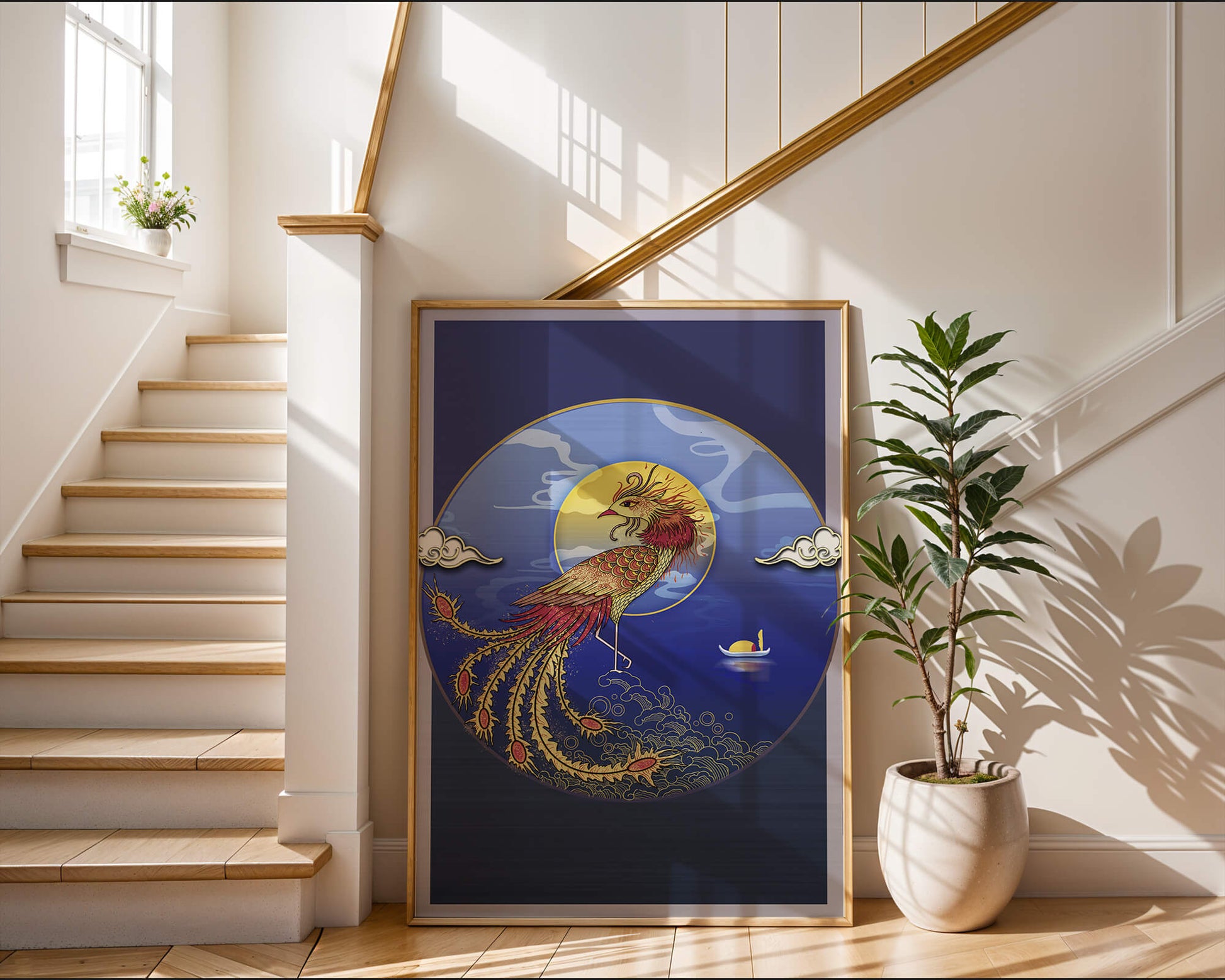 Golden Phoenix with Vibrant Feathers in Mystical Sea Setting