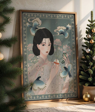 Mujer elegante en kimono floral rodeada de pájaros y flores de loto