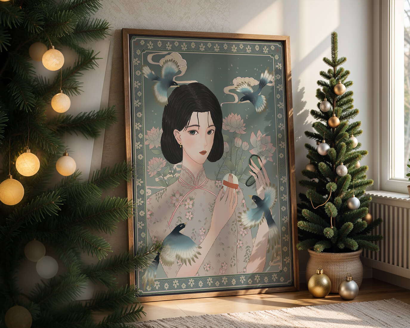 Elegant woman in floral kimono surrounded by birds and lotus flowers