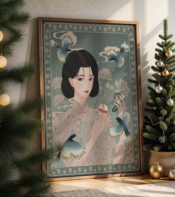 Elegant woman in floral kimono surrounded by birds and lotus flowers