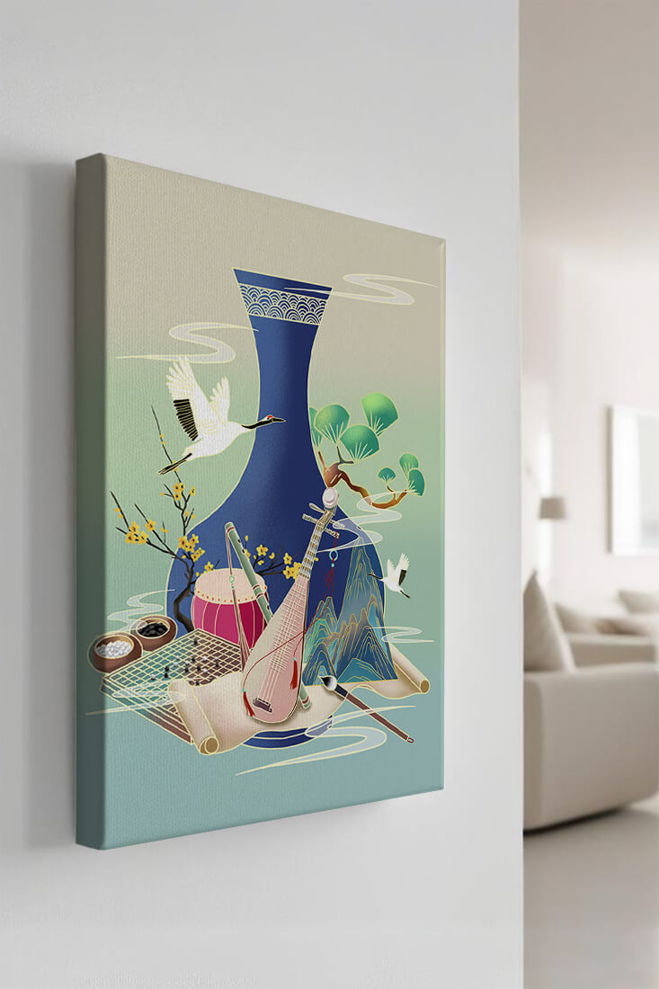 Traditional Asian art scene featuring vase, musical instruments, and cranes