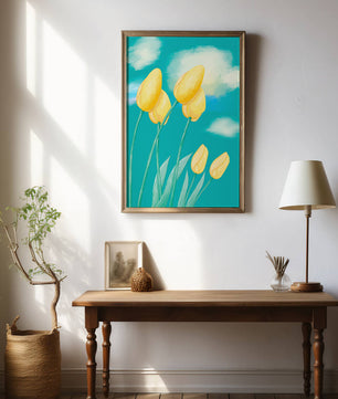 Stylized yellow tulips against a cloudy blue sky background