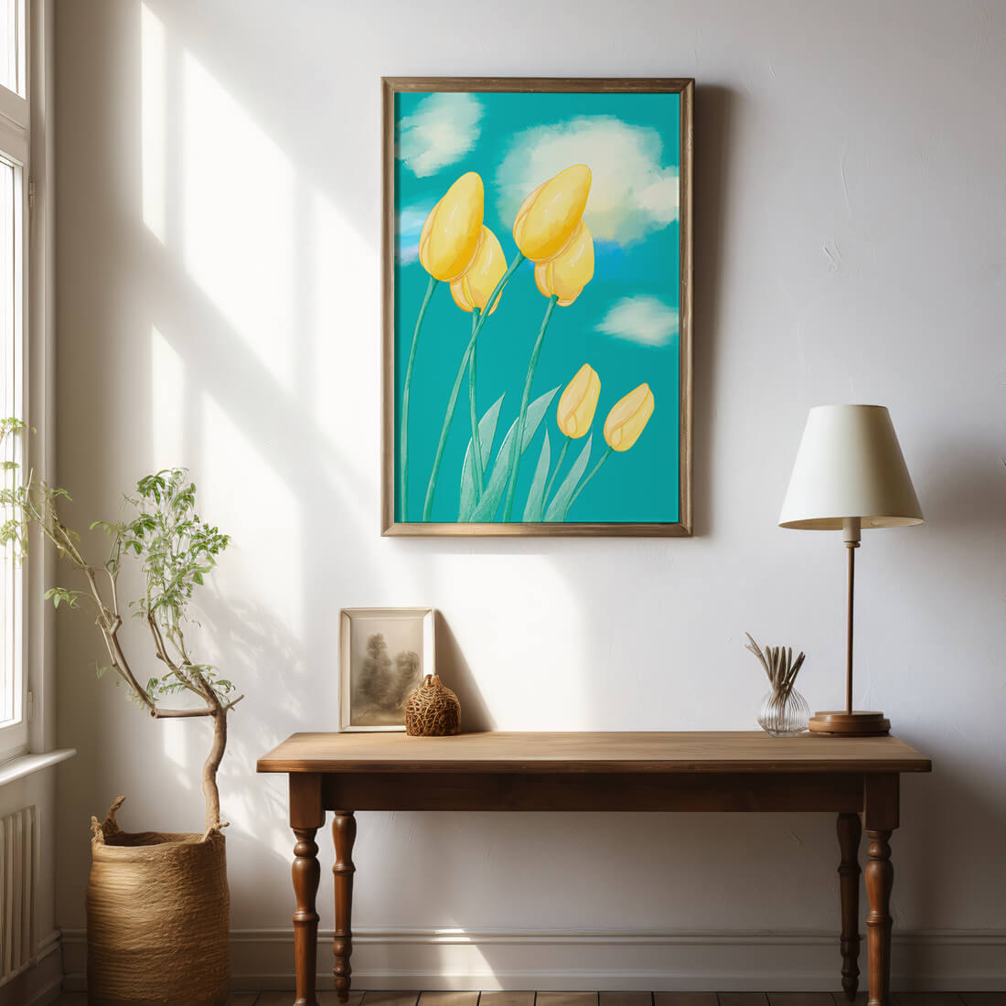 Stylized yellow tulips against a cloudy blue sky background