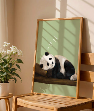 Peaceful panda resting on a log in a serene setting