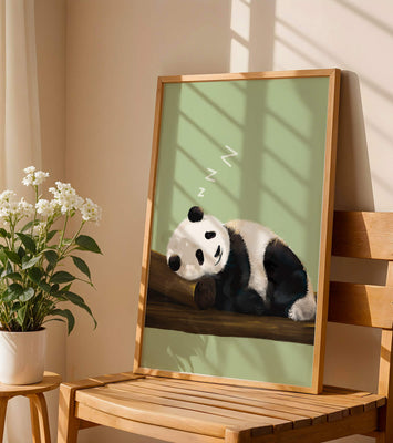 Peaceful panda resting on a log in a serene setting