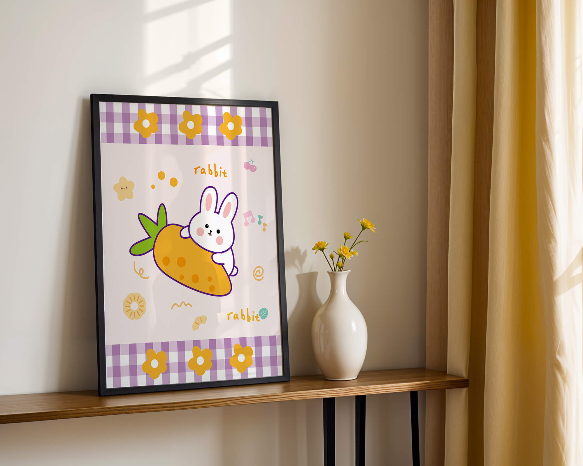 Illustrated cute rabbit with carrot on a colorful background