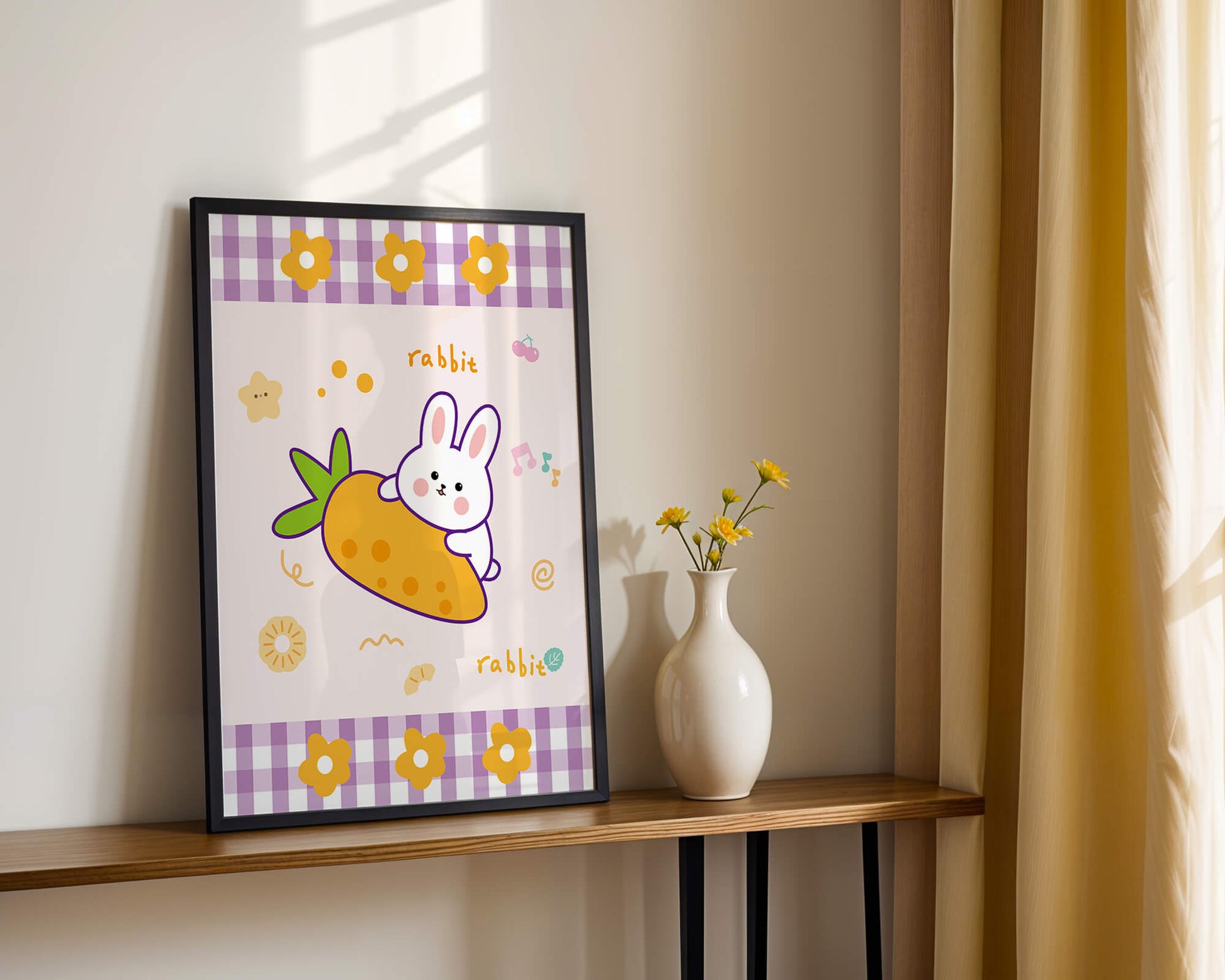 Illustrated cute rabbit with carrot on a colorful background