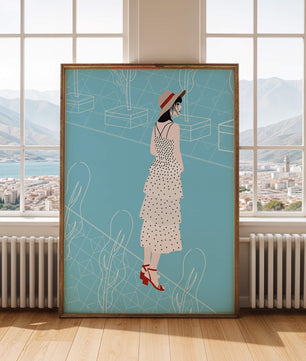 Stylish woman in polka dot dress with hat in modern abstract scene