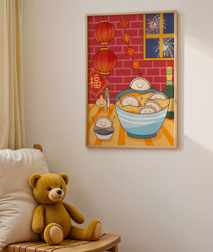 Festive Dumpling Illustration with Lanterns and Fireworks - Mi tienda