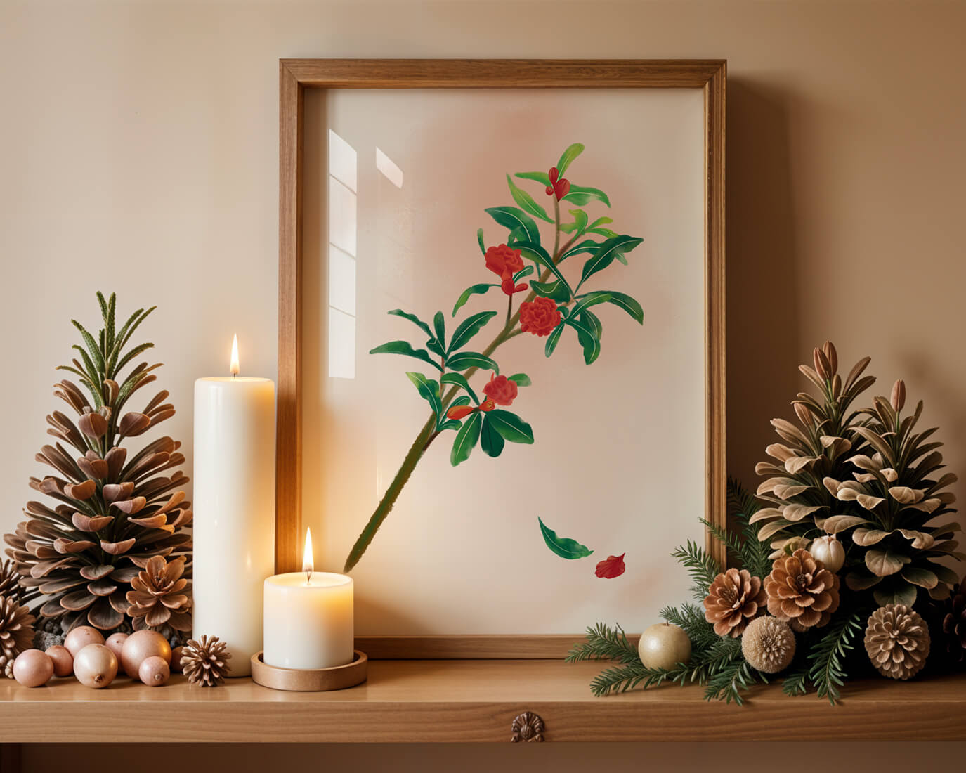 Detailed illustration of a flowering branch with vivid red blooms and lush green leaves