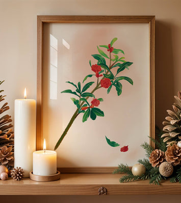 Detailed illustration of a flowering branch with vivid red blooms and lush green leaves