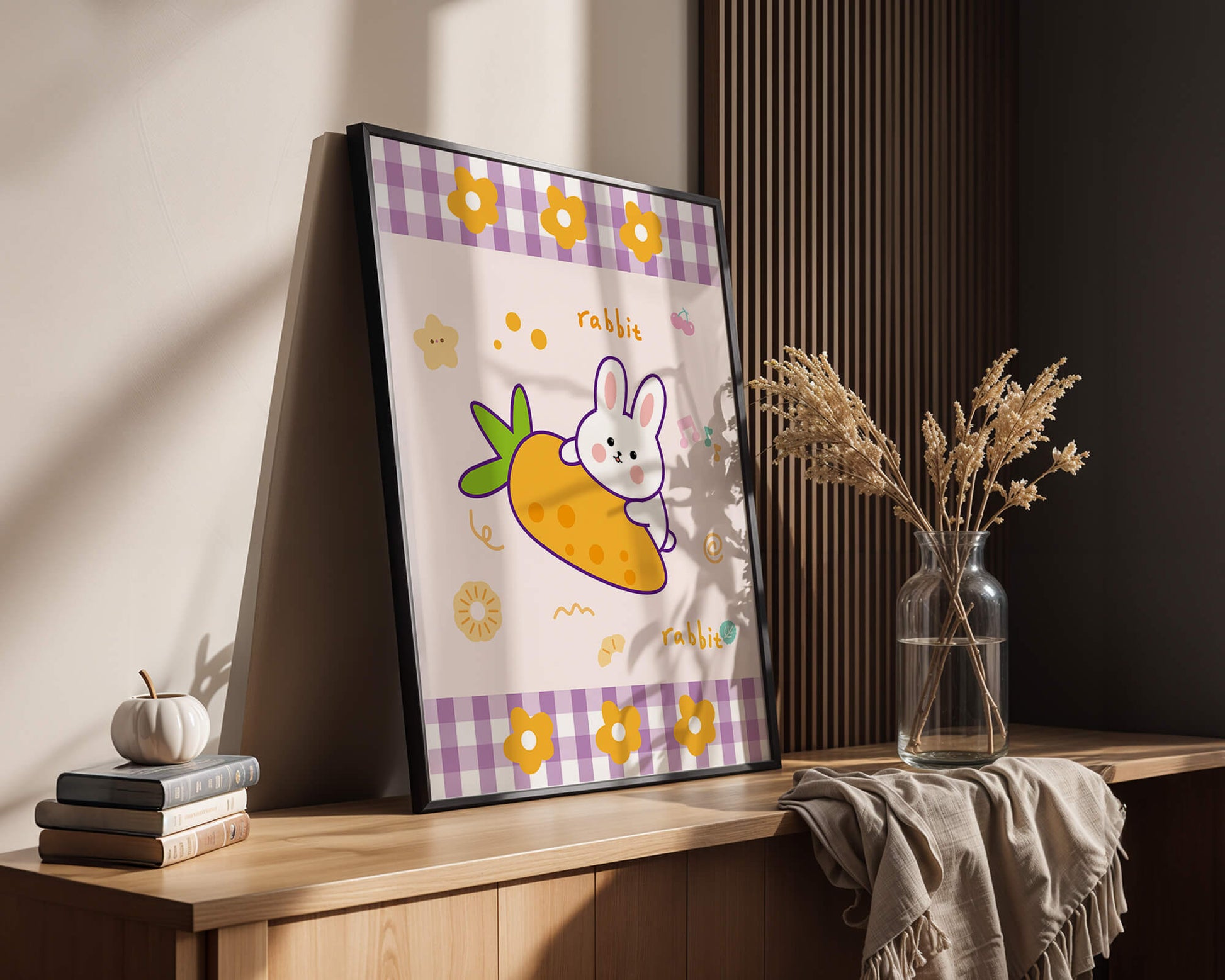 Illustrated cute rabbit with carrot on a colorful background