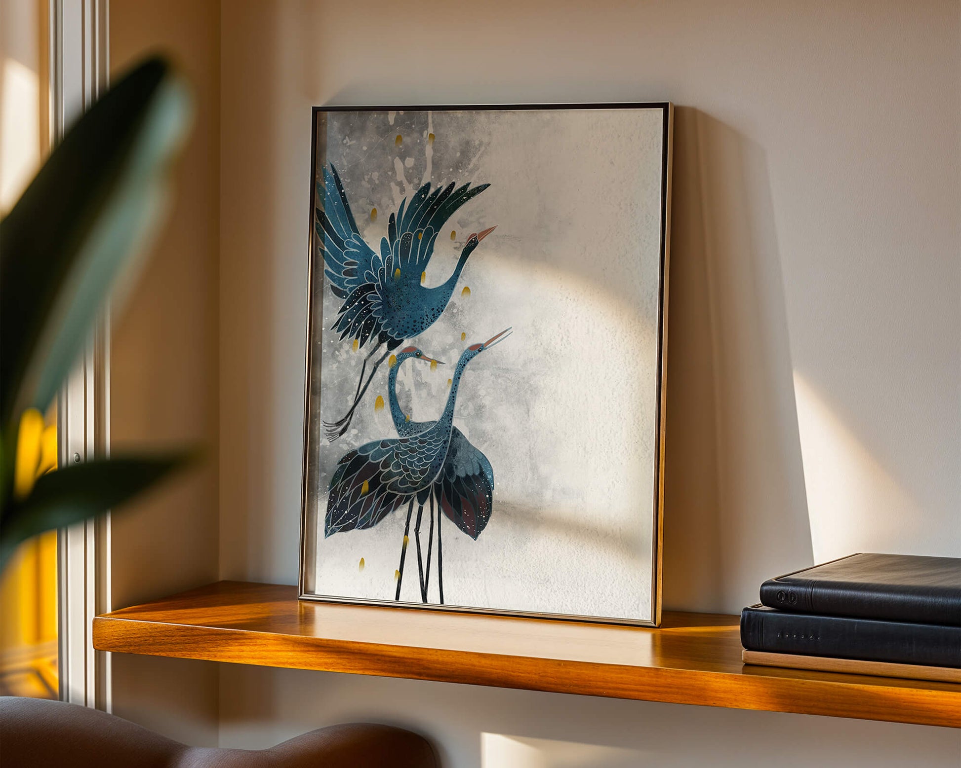 Elegante blaue Kraniche vor einem ruhigen abstrakten Hintergrund mit goldenen Akzenten