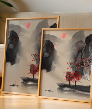Serene landscape with red foliage and misty mountains