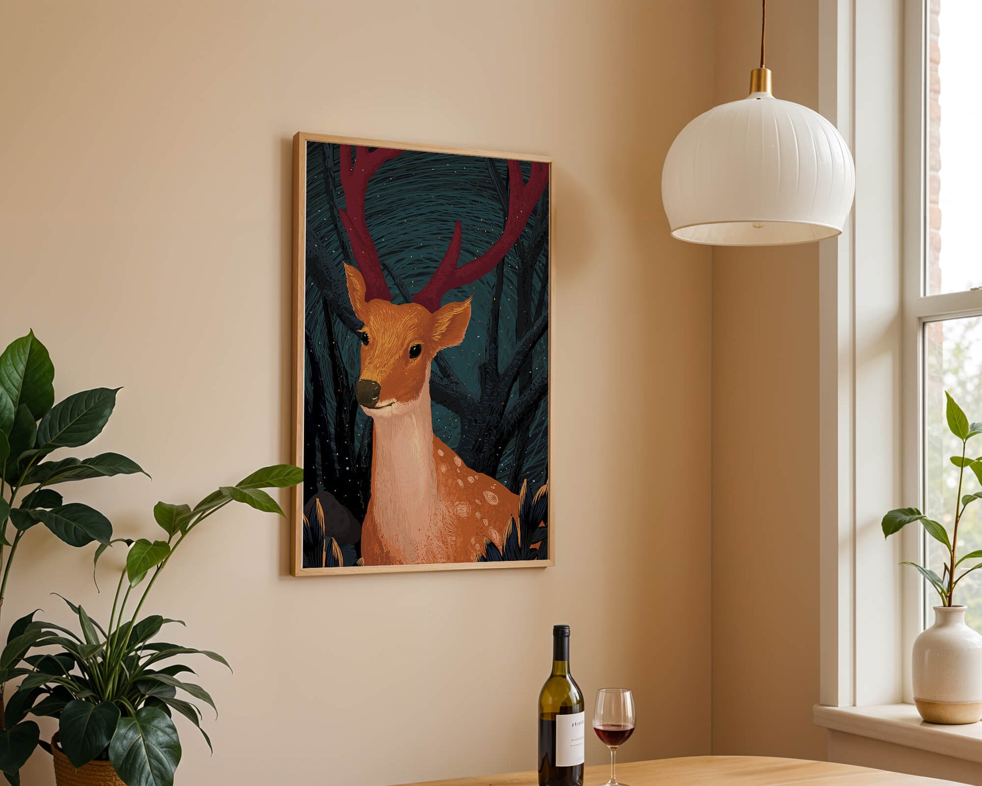 Ilustración de un majestuoso ciervo en un bosque místico
