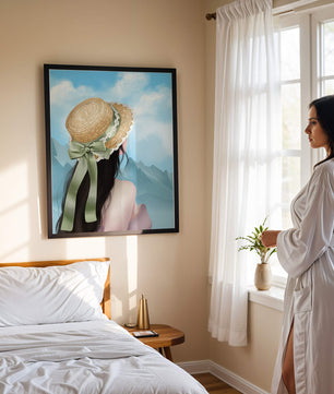 Woman with straw hat and mountain view under blue sky