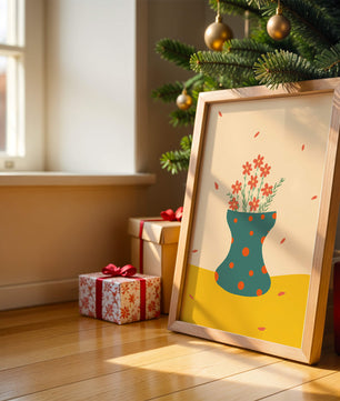 Floral Illustration with Polka Dot Vase on Colorful Background - Mi tienda