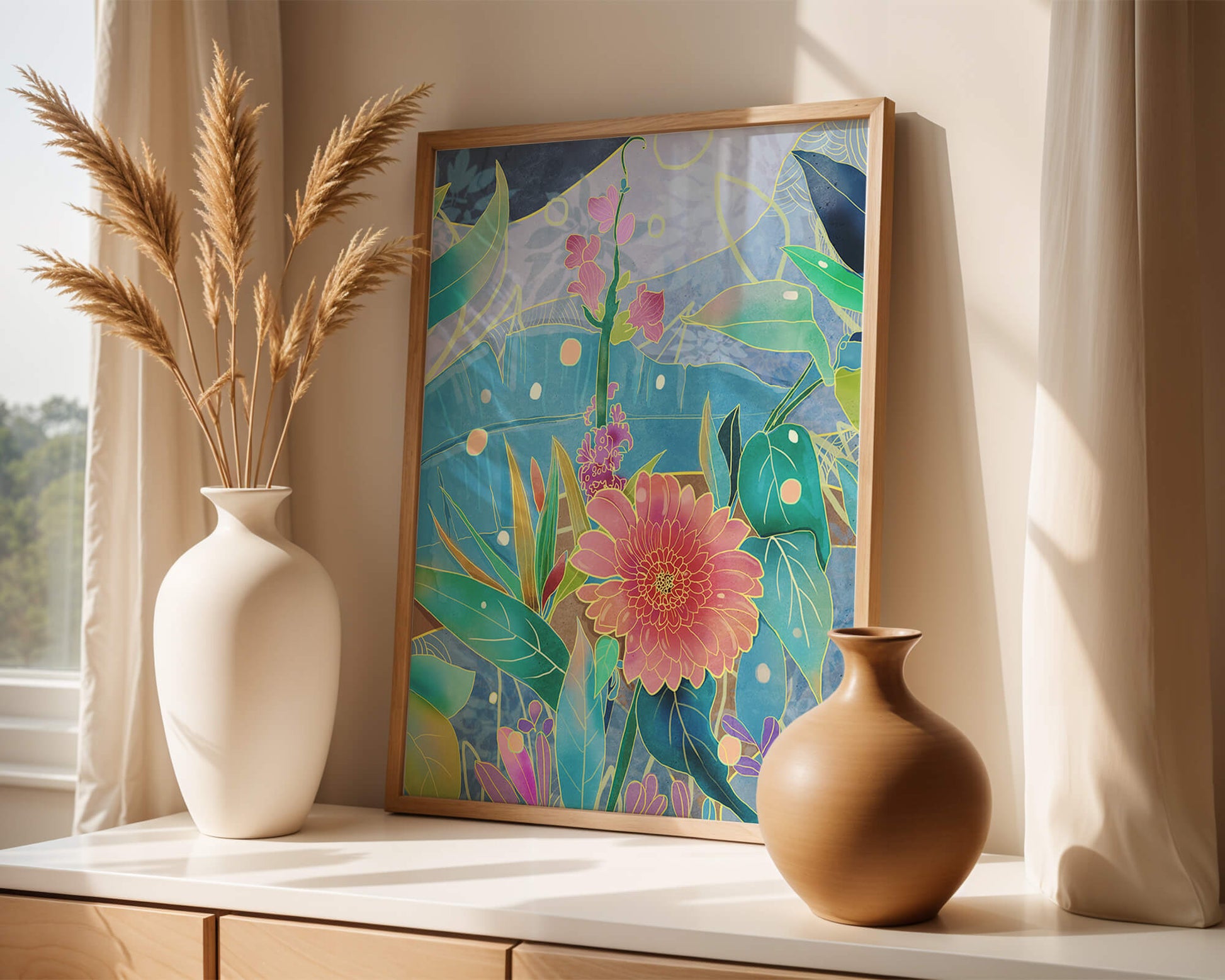 Kunst abstrak bunga yang berwarna-warni dengan bunga dan daun yang cerah