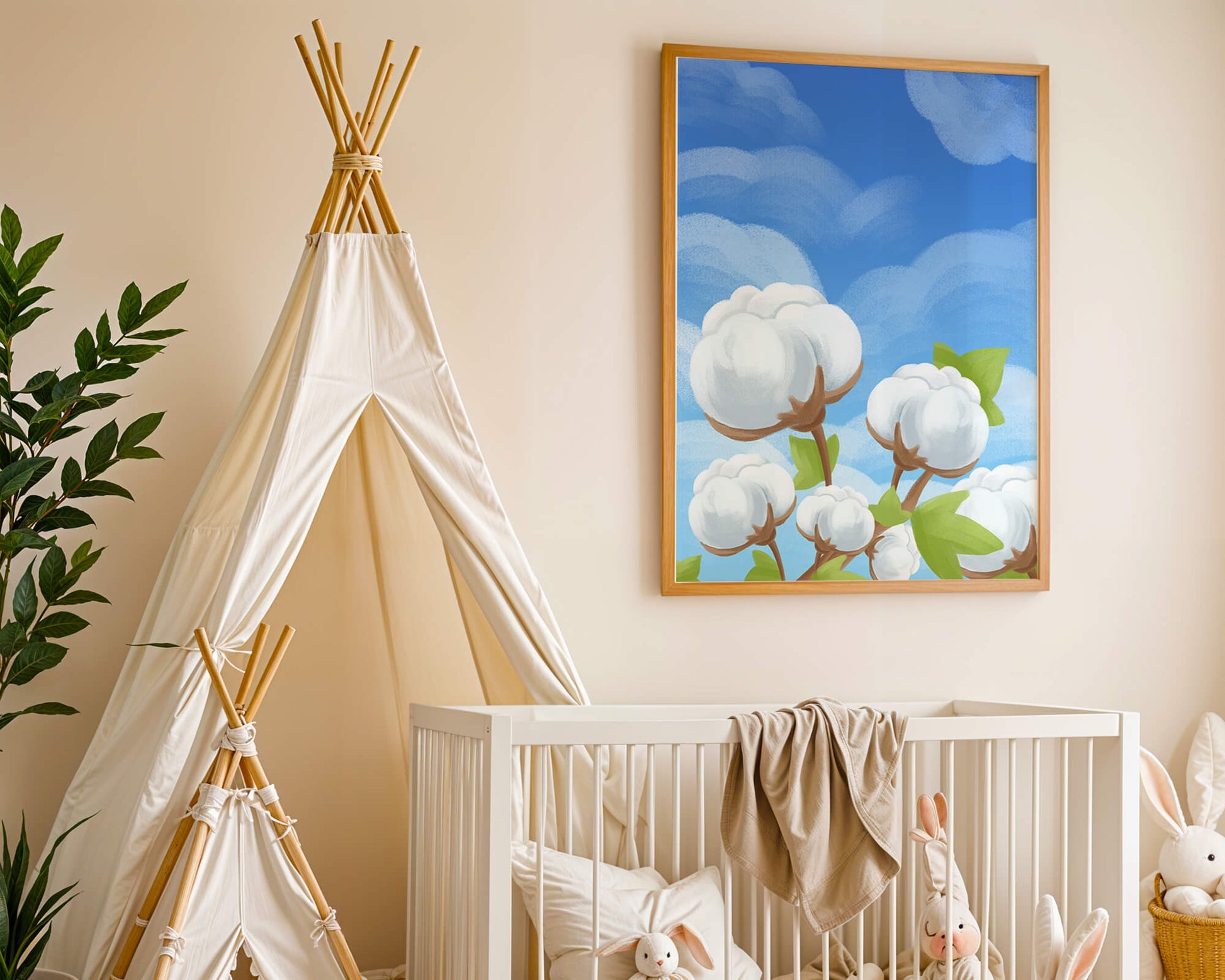 Künstlerische Illustration von Baumwollpflanzen vor einem klaren blauen Himmel