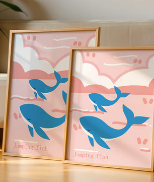 Playful whales illustration in pastel pink and blue