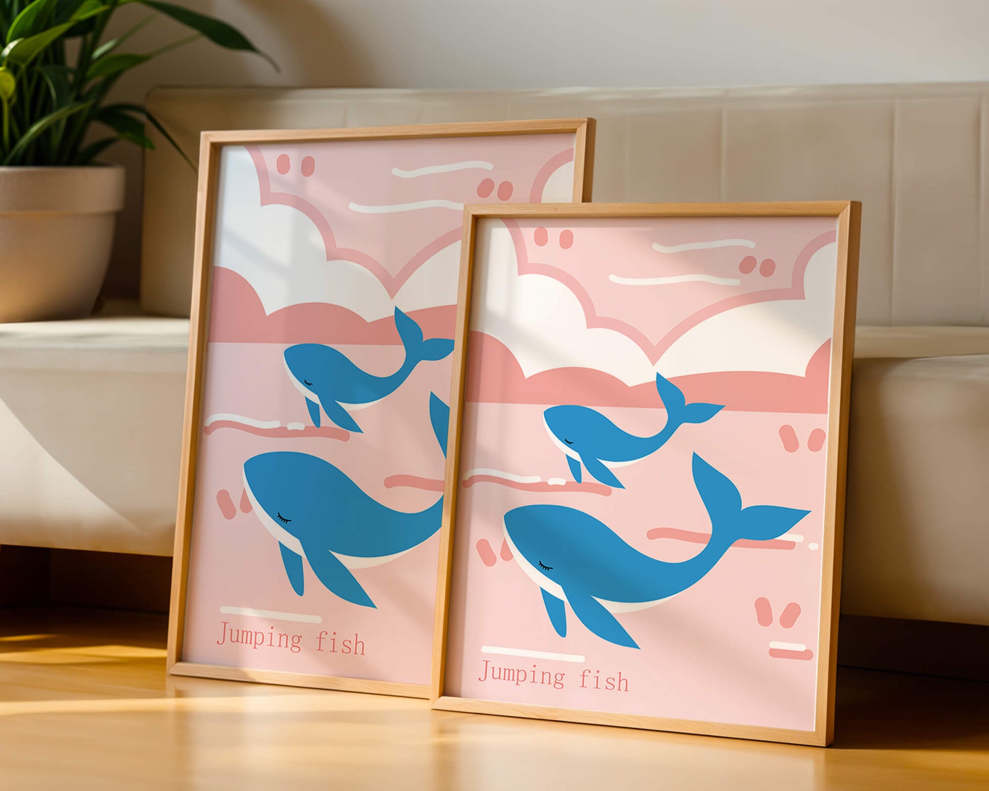 Playful whales illustration in pastel pink and blue