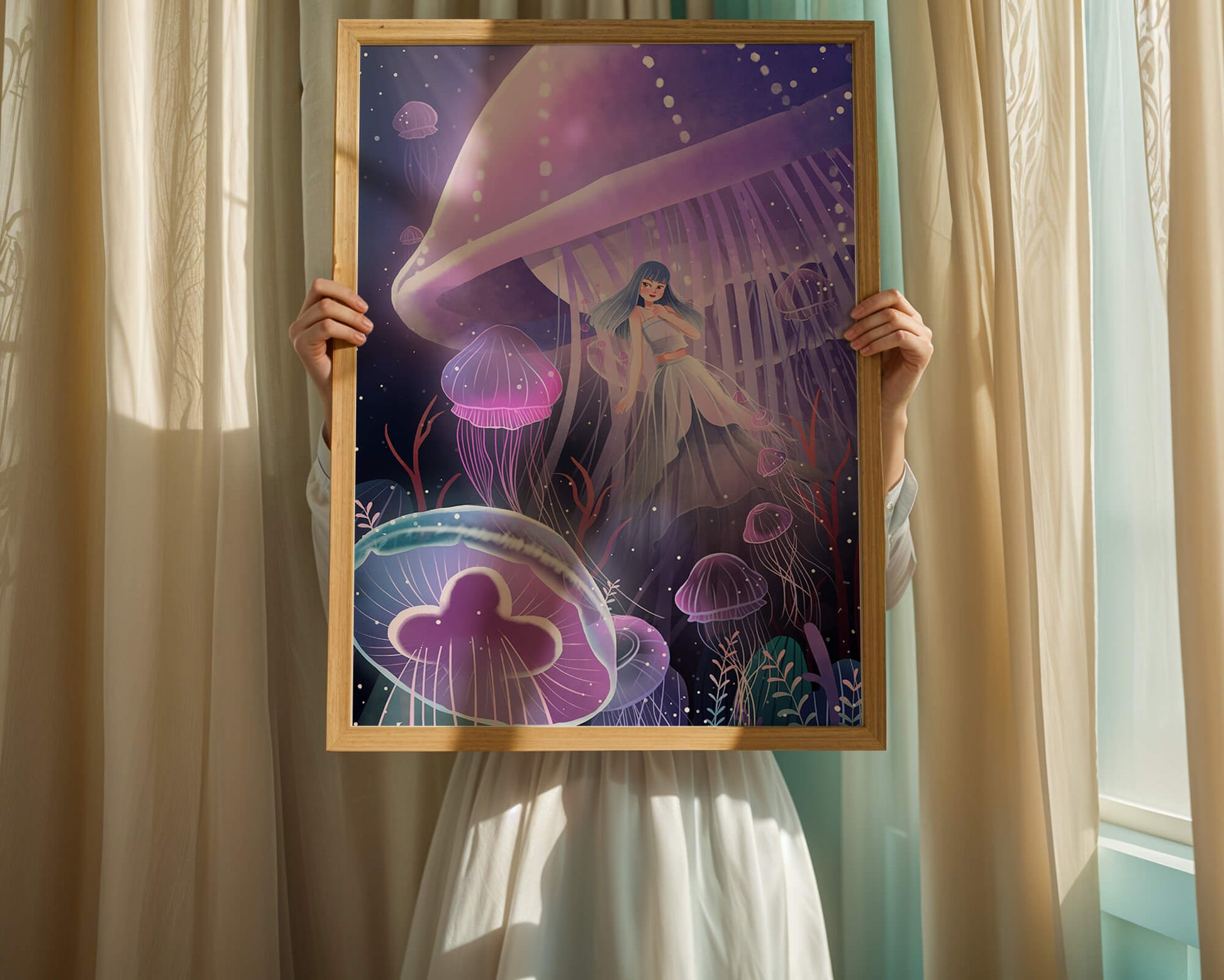Underwater Fantasy Scene with Jellyfish and Girl