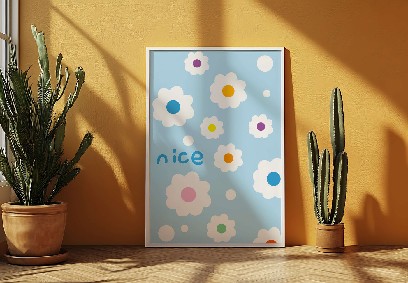 Pastel floral pattern with colorful centers on a blue background