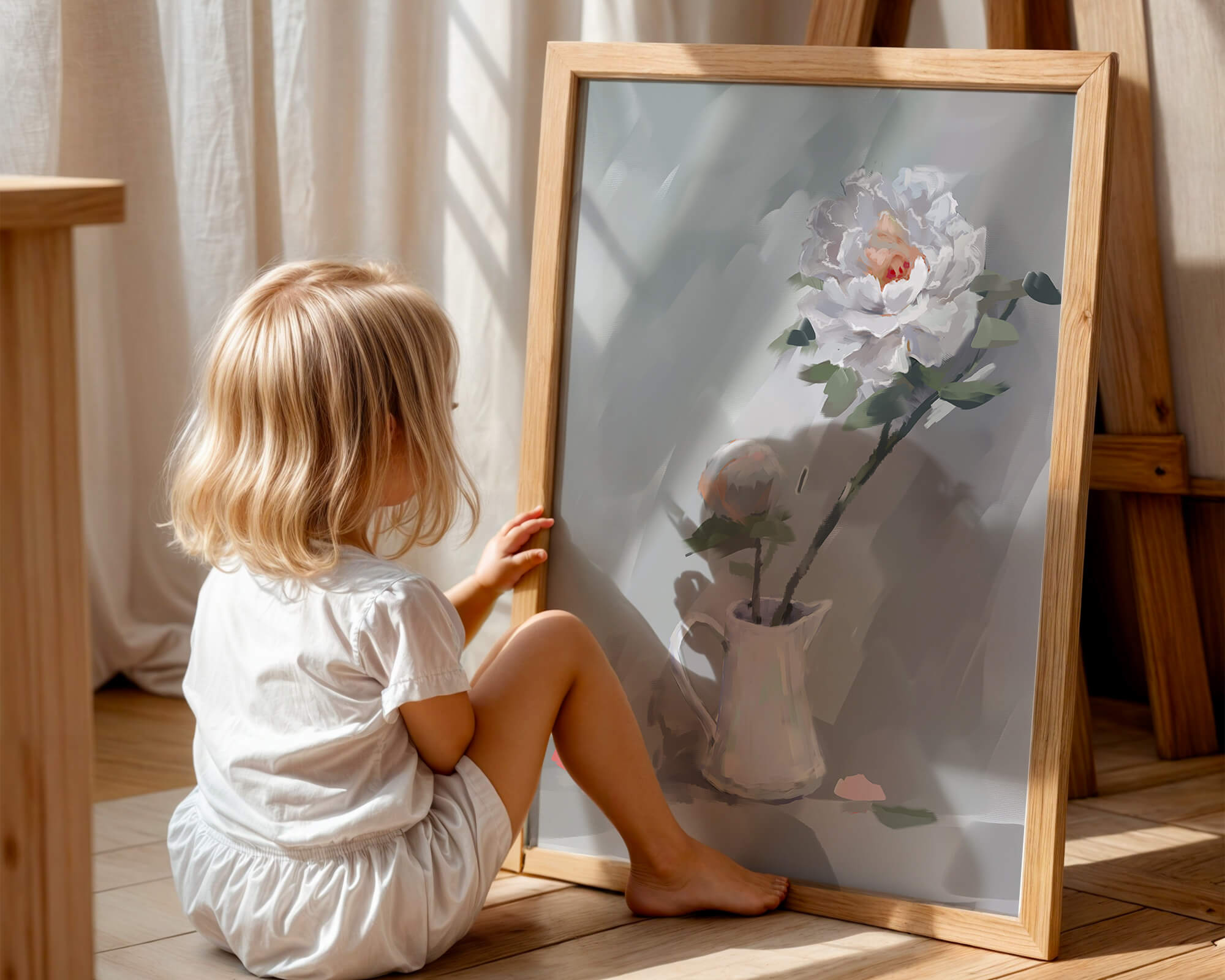 Elegant white peonies in a ceramic jug with soft pastel background