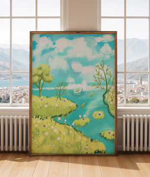 Paisagem serena com rio e prado em flor sob um céu azul