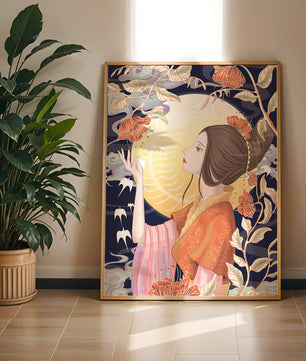 Illustration élégante d'une femme avec des éléments floraux sous la lumière de la lune