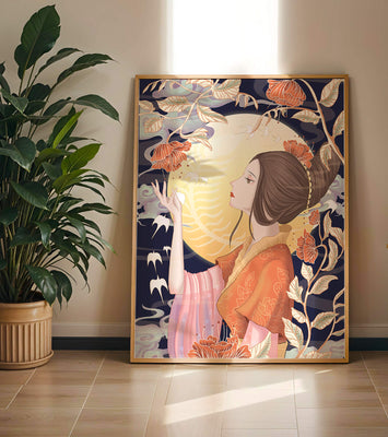 Elegant illustration of a woman with floral elements under the moonlight