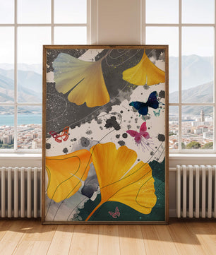 Artistic Composition with Yellow Leaves and Butterflies