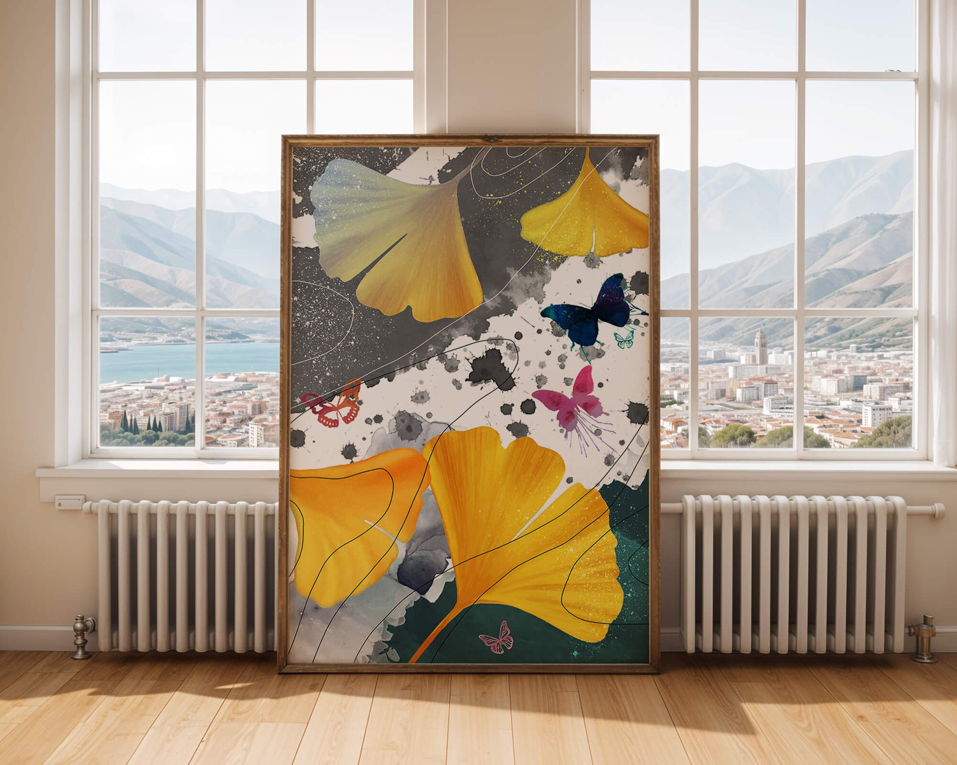 Composición artística con hojas amarillas y mariposas