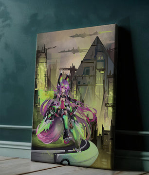 Cyberpunk-Anime-Figur im futuristischen Stadtbild 
